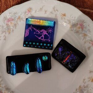Vtg Set of 3 Dichroic Art Glass Fused Glass Brooch Pendant Blue Green Pink Red